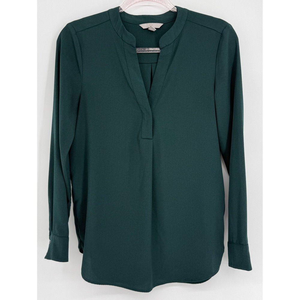 HM Womens Split V-Neck Blouse Dark Green Long Sleeve Career Top EUR 36‎ Sz 4